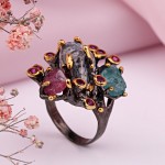 Gold plated silver ring. Aquamarine, ruby, howlite, cubic zirconia