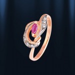 Zlatý prsteň s diamantmi a rubínom. Dvojfarebná