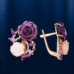 Gold earrings with mother of pearl and amethyst