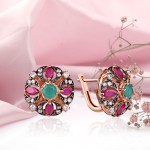 Gold-plated silver earrings "Ayla". Emerald, ruby, cubic zirconia