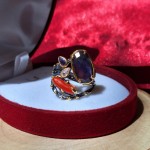 Gold-plated silver ring with amethyst, zirconia, coral