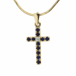 Gold pendant cross with diamond and sapphires