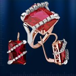 Gold set with ruby ​​and diamonds