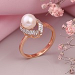 Pearls and cubic zirconia. Gold ring “Tenderness”