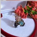 Gold-plated silver ring with pink quartz, aquamarine & zirconia