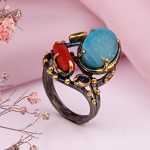 Επιχρυσωμένο ασημένιο δαχτυλίδι με τιρκουάζ, ζιργκόν & κοράλλι