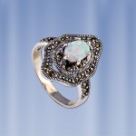 Silver ring with opal and marcasite