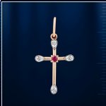 Gold-Kreuz-Anhänger. Diamanten und Rubin