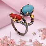 Gold-plated silver ring with turquoise, zirconia & coral