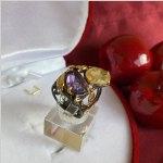 Bague en argent plaqué or avec améthyste et quartz
