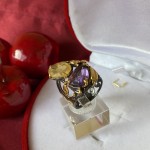 Позлатен сребърен пръстен с аметист и кварц
