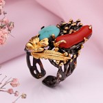 Gold-plated silver ring with turquoise & coral