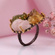 Позолоченное серебряное кольцо. Хризолит, розовый кварц, цитрин