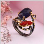 Gold plated silver ring. Amethyst, coral, zirconia